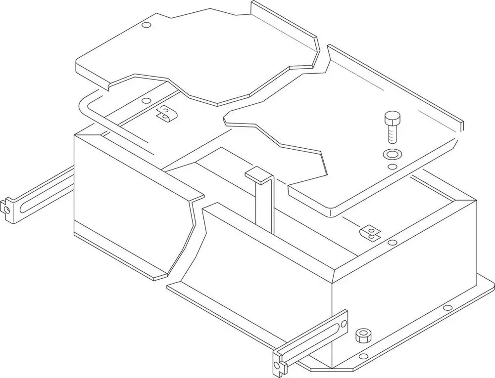 Bosch Abgassammler in technischer Zeichnung, besteht aus mehreren Komponenten und Befestigungselementen, dargestellt in isometrischer Ansicht.